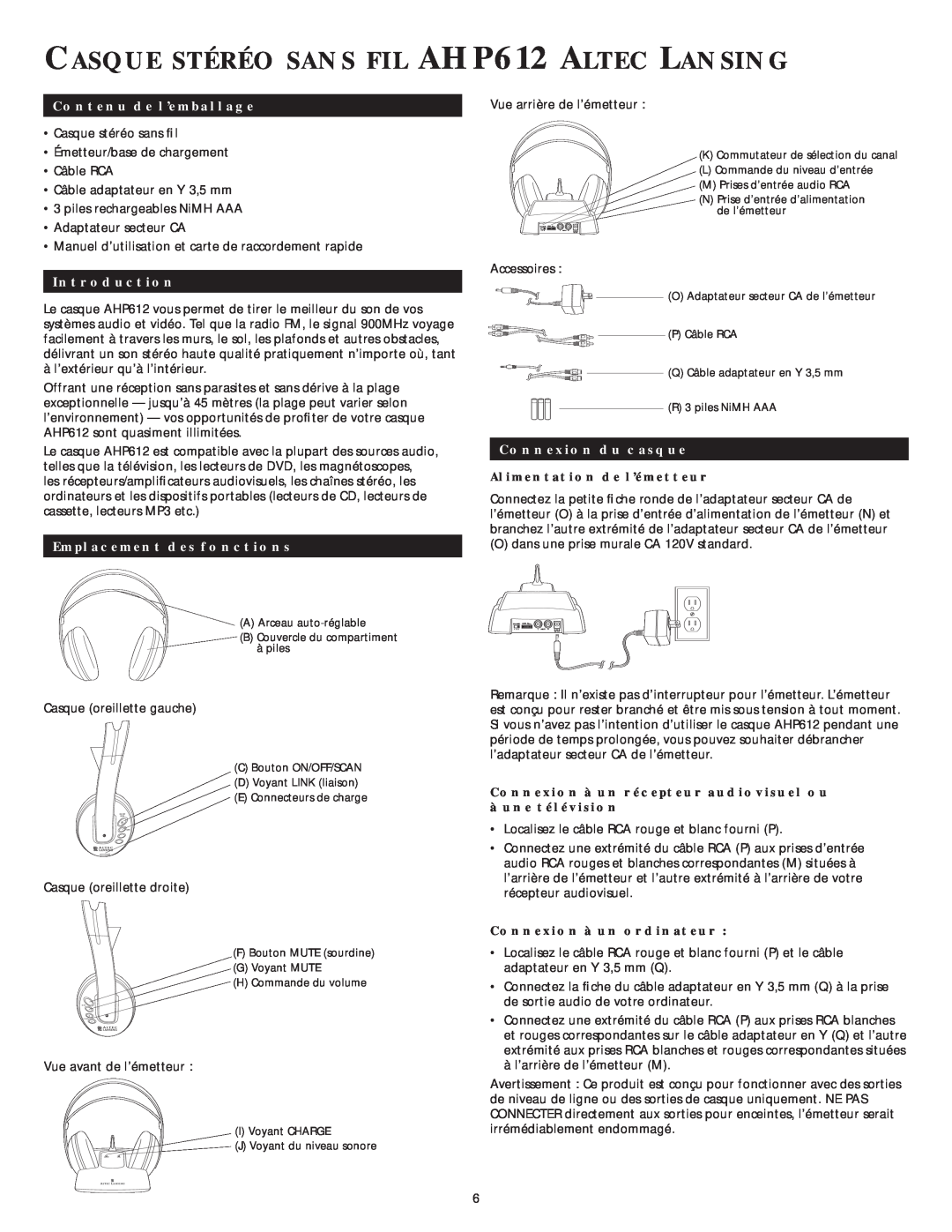 Altec Lansing AHP 612 manual CASQUE STÉRÉO SANS FIL AHP612 ALTEC LANSING, Contenu de l’emballage, Introduction 
