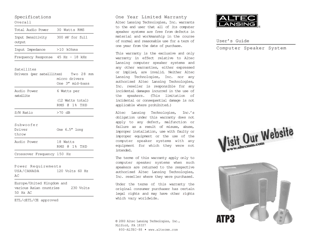 Altec Lansing ATP3 specifications Specifications, One Year Limited Warranty, User’s Guide Computer Speaker System 