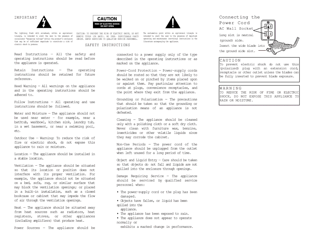 Altec Lansing ATP3 specifications Connecting the Power Cord, AC Wall Socket, Power Sources The appliance should be 