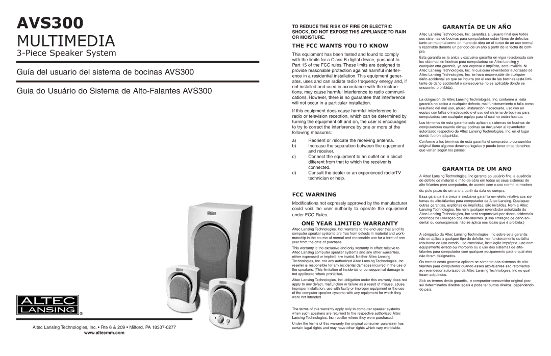 Altec Lansing AVS300 warranty FCC Wants YOU to Know, FCC Warning, ONE Year Limited Warranty, Garantía DE UN AÑO 