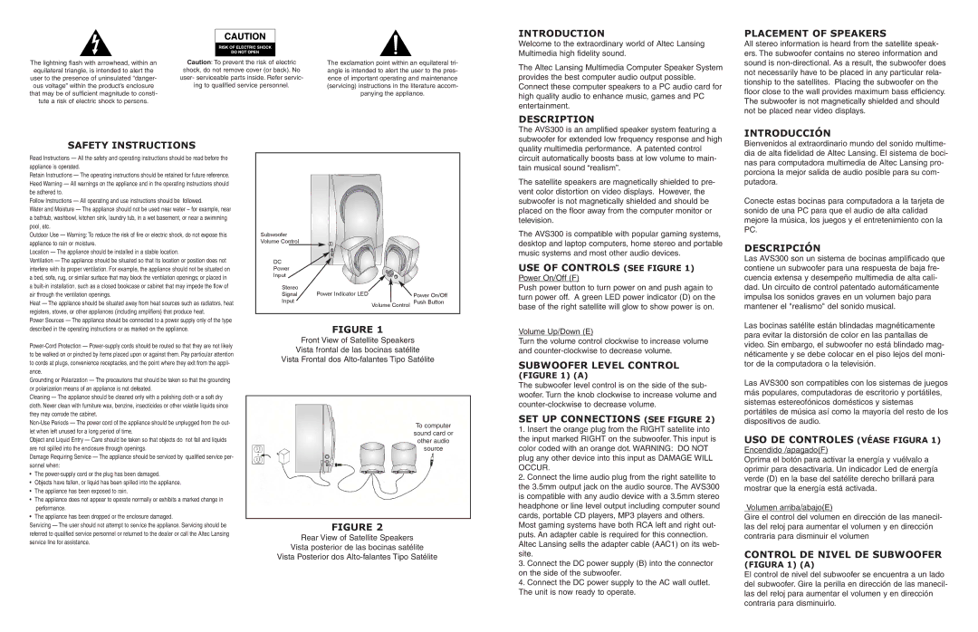 Altec Lansing AVS300 Introduction, Description Placement of Speakers, Safety Instructions, USE of Controls see Figure 