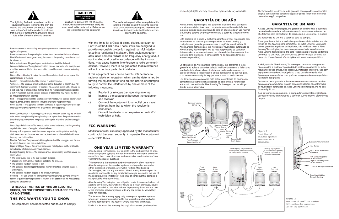Altec Lansing AVS500 Garantía DE UN AÑO Garantia DE UM ANO, FCC Wants YOU to Know, FCC Warning, ONE Year Limited Warranty 