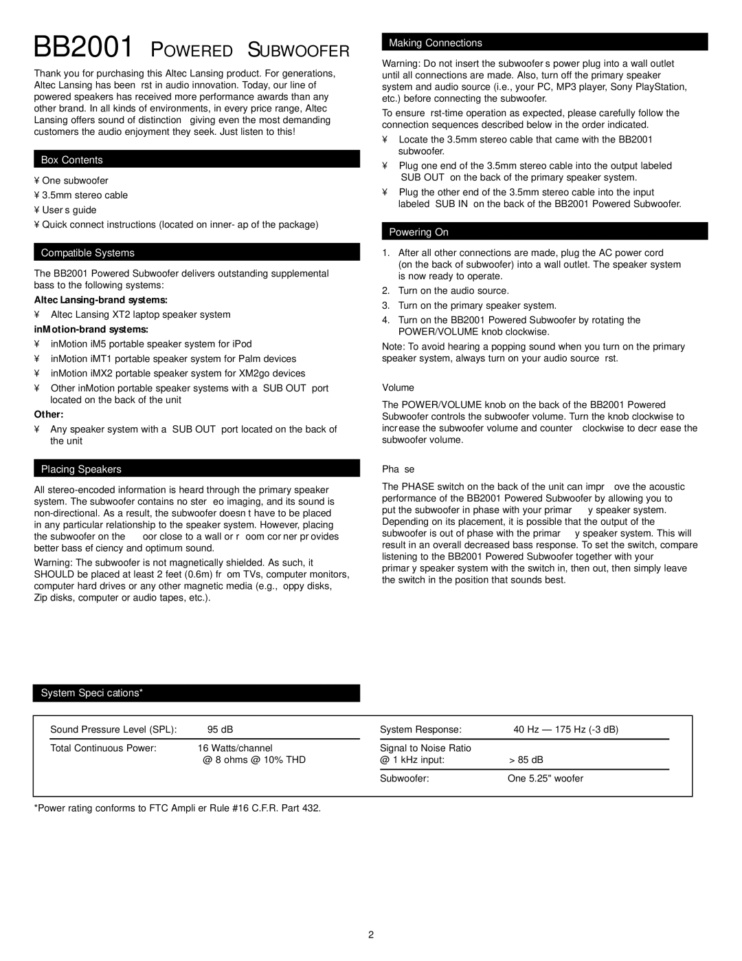 Altec Lansing BB2001 manual Box Contents, Compatible Systems, Placing Speakers, Making Connections, Powering On 