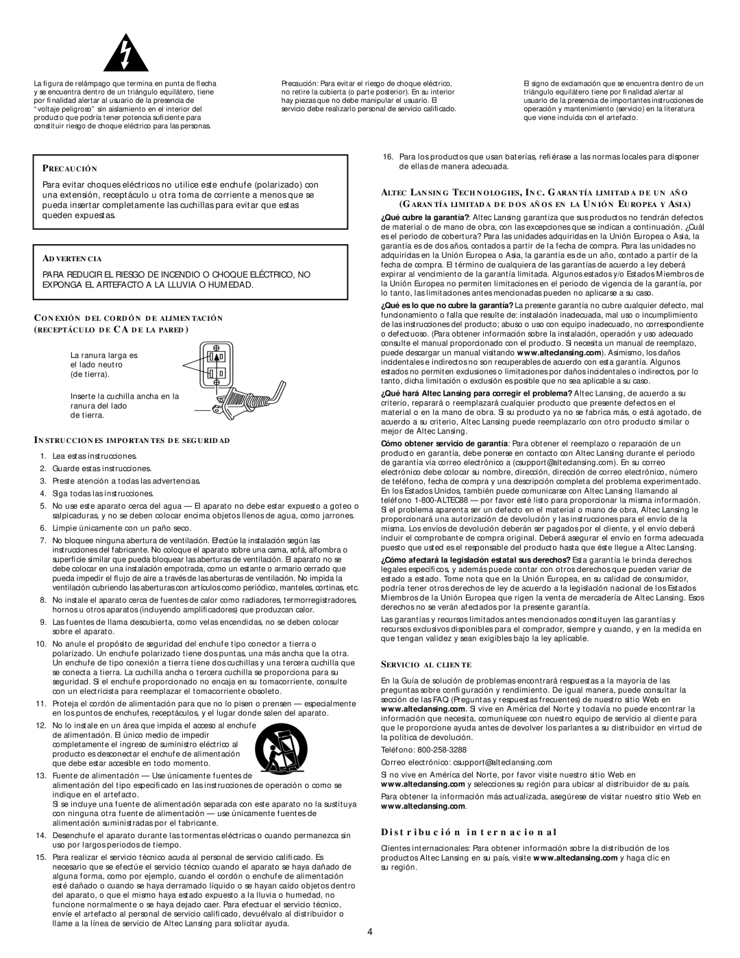 Altec Lansing BB2001 manual Distribución internacional 