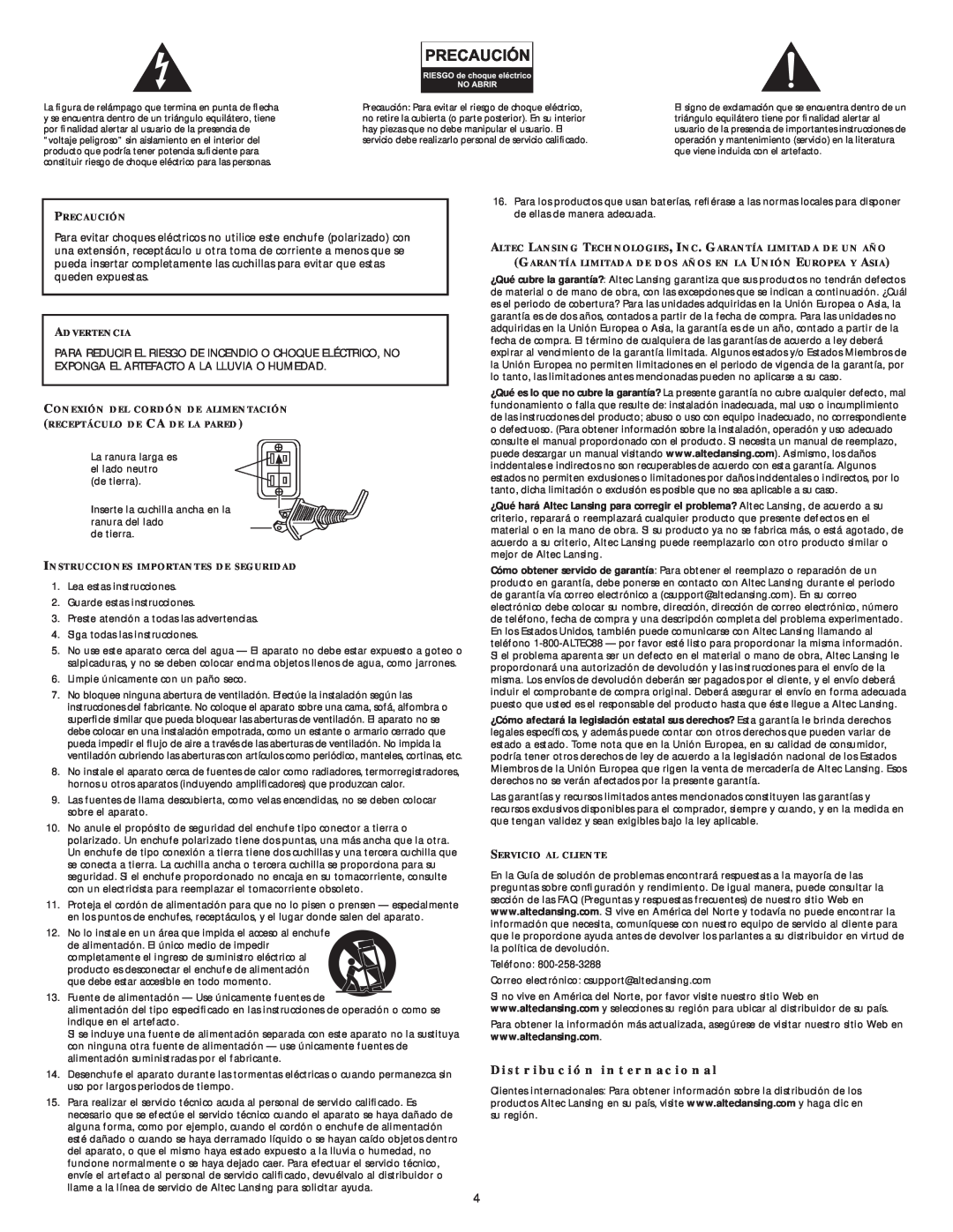 Altec Lansing BB2001 manual Distribución internacional 