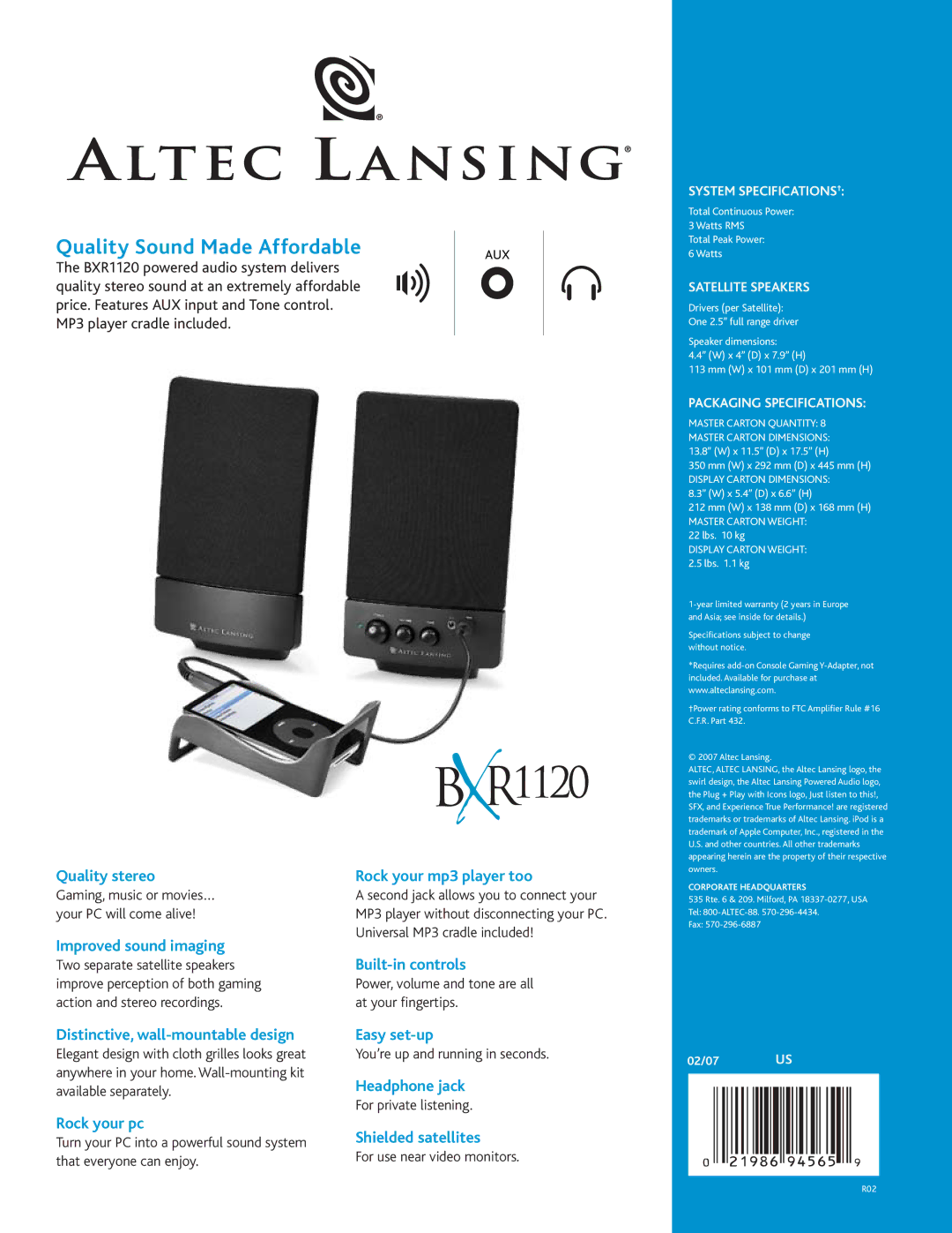 Altec Lansing BXR1120 Quality stereo, Improved sound imaging, Rock your mp3 player too, Built-in controls, Rock your pc 