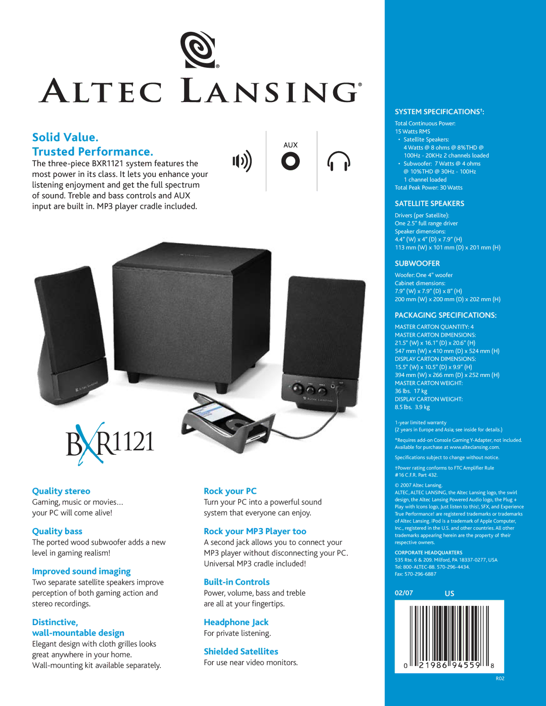 Altec Lansing BXR1121 manual Quality stereo, Quality bass, Improved sound imaging, Rock your PC, Rock your MP3 Player too 