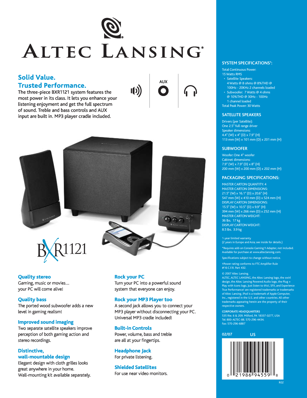 Altec Lansing BXR1121 manual Solid Value, Trusted Performance 