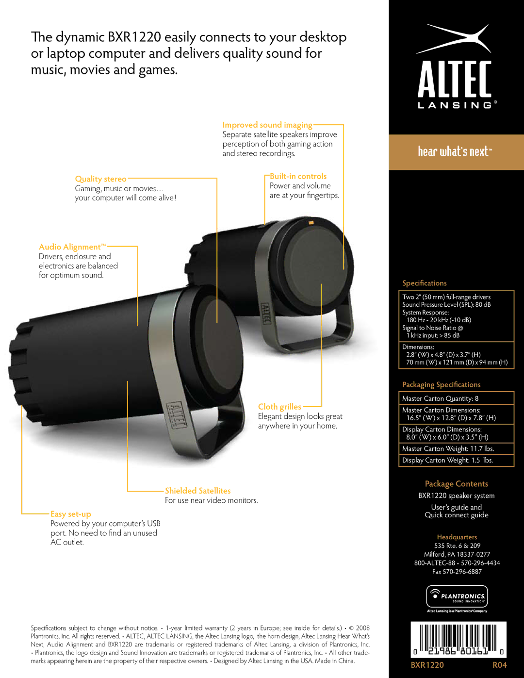 Altec Lansing BXR1220 manual Quality stereo, Cloth grilles, Shielded Satellites, Easy set-up 