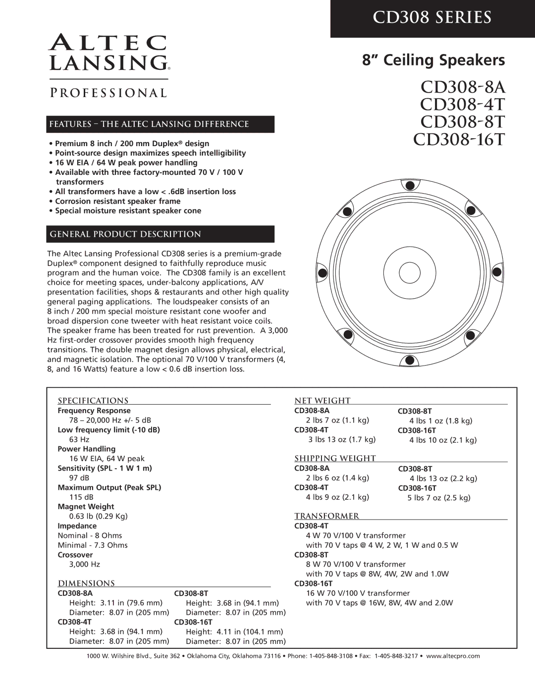 Altec Lansing CD308-4T, CD308-8T specifications Specifications NET Weight, Shipping Weight, Transformer, Dimensions 