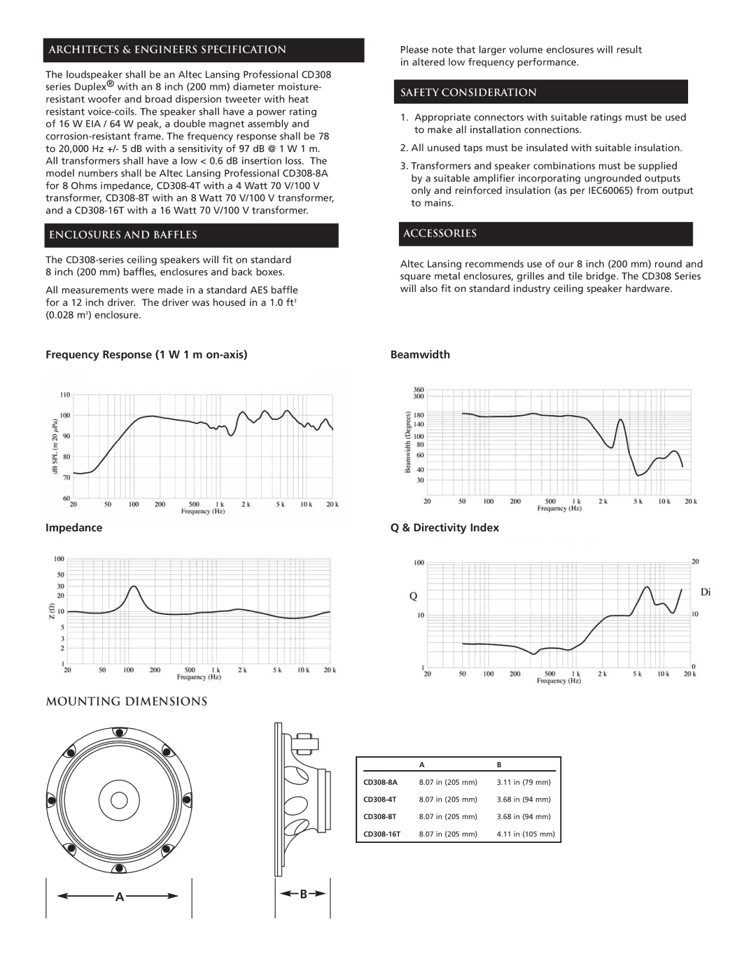 Altec Lansing CD308-8A, CD308-8T, CD308-4T, CD308-16T specifications Mounting Dimensions, Architects & Engineers Specification 