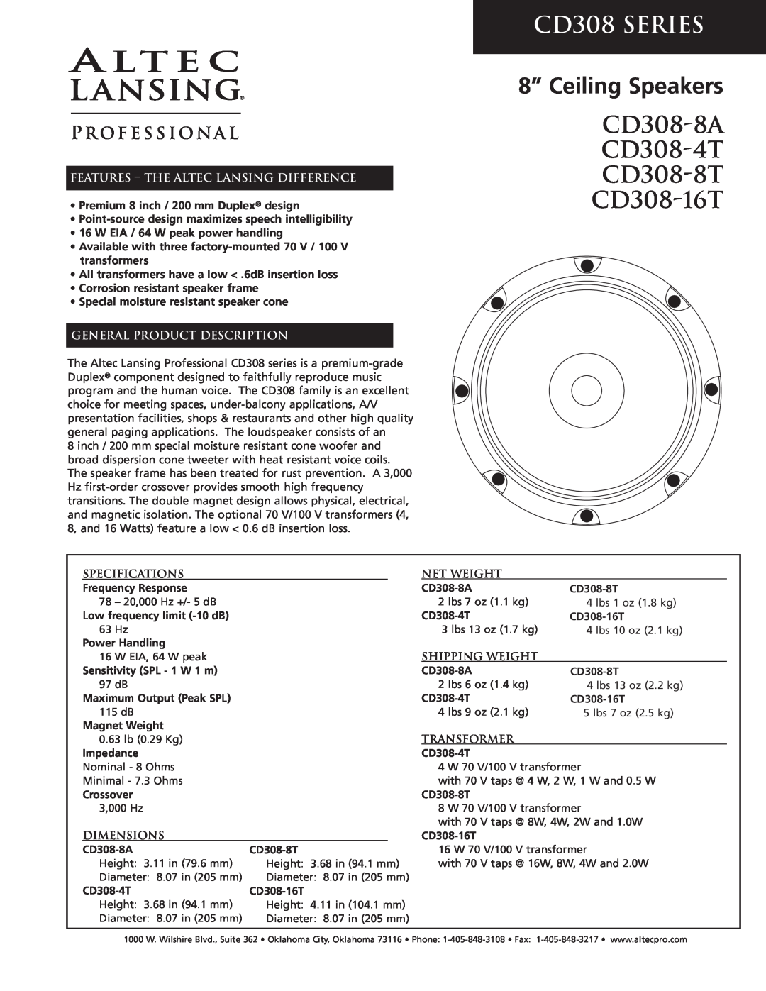 Altec Lansing CD308-4T specifications Specifications, Net Weight, Shipping Weight, Transformer, Dimensions, CD308 SERIES 