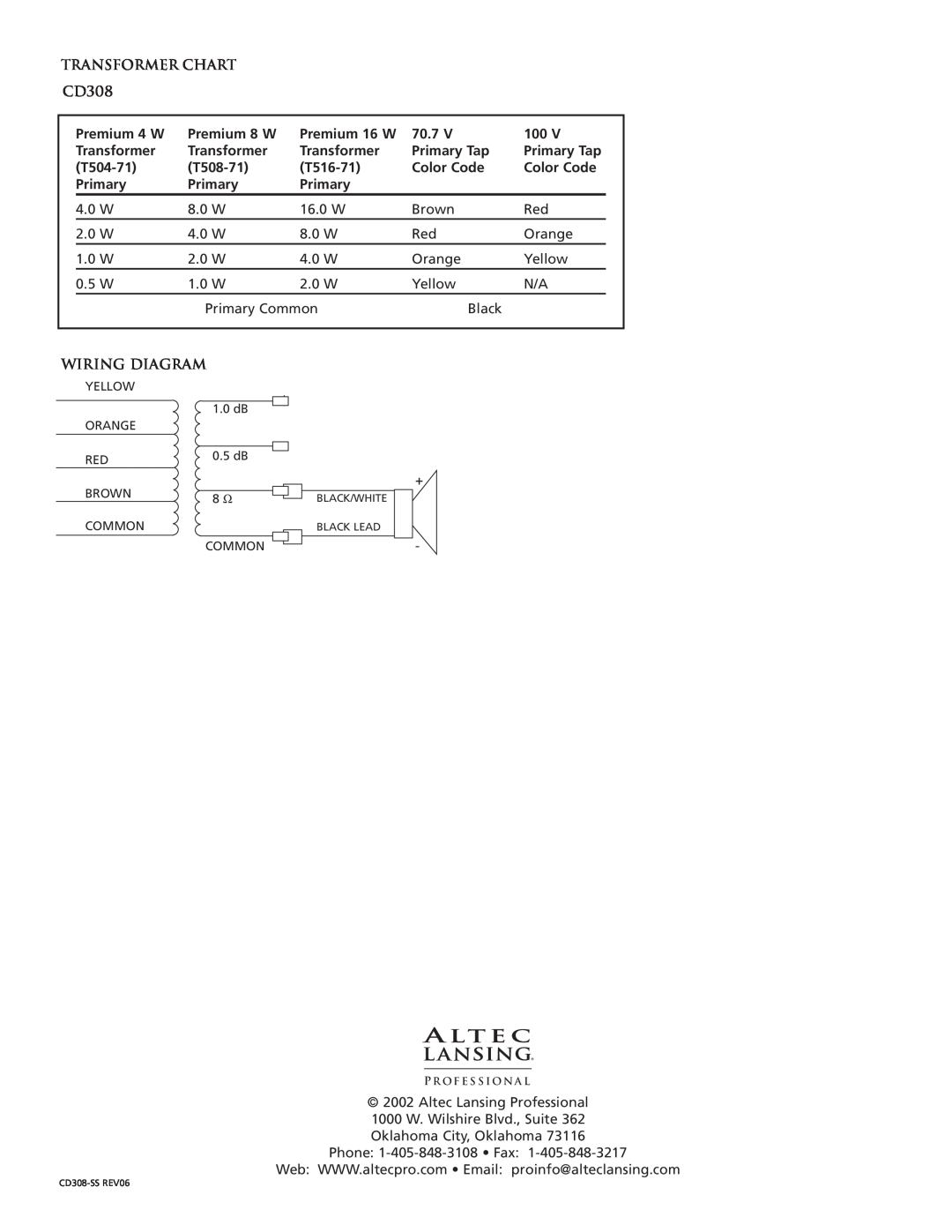 Altec Lansing CD308-8T, CD308-4T, CD308-8A, CD308-16T specifications TRANSFORMER CHART CD308, Wiring Diagram, Premium 4 W 