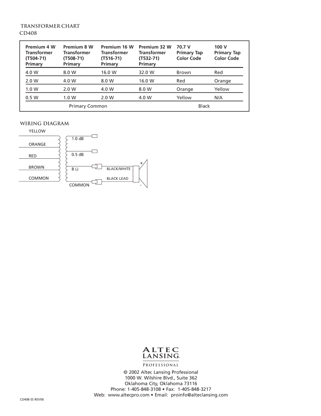 Altec Lansing CD408-32T, CD408-16T, CD408-8A, CD408-4T, CD408-8T specifications Transformer Chart 