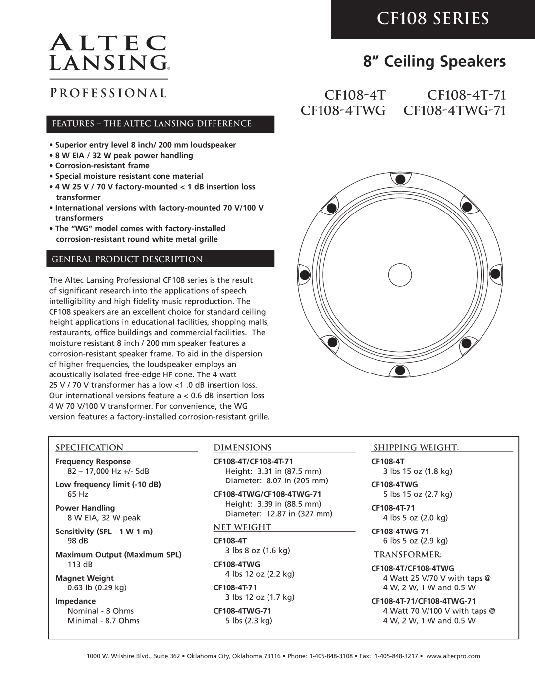 Altec Lansing CF108-4TWG-71, CF108-4T-71 dimensions Ceiling Speakers 