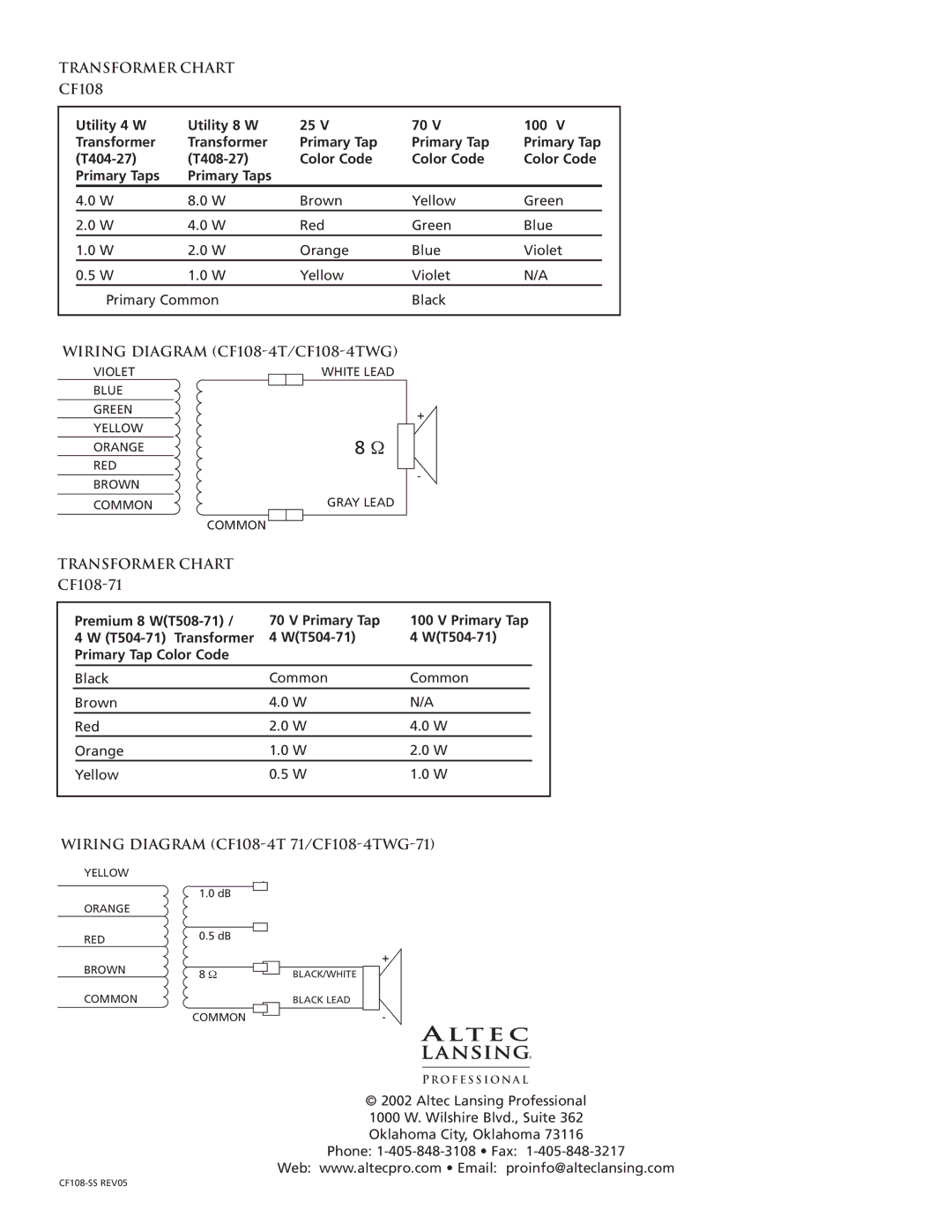 Altec Lansing CF108-4TWG-71, CF108-4T-71 dimensions Utility 4 W Utility 8 W 100 Transformer Primary Tap 