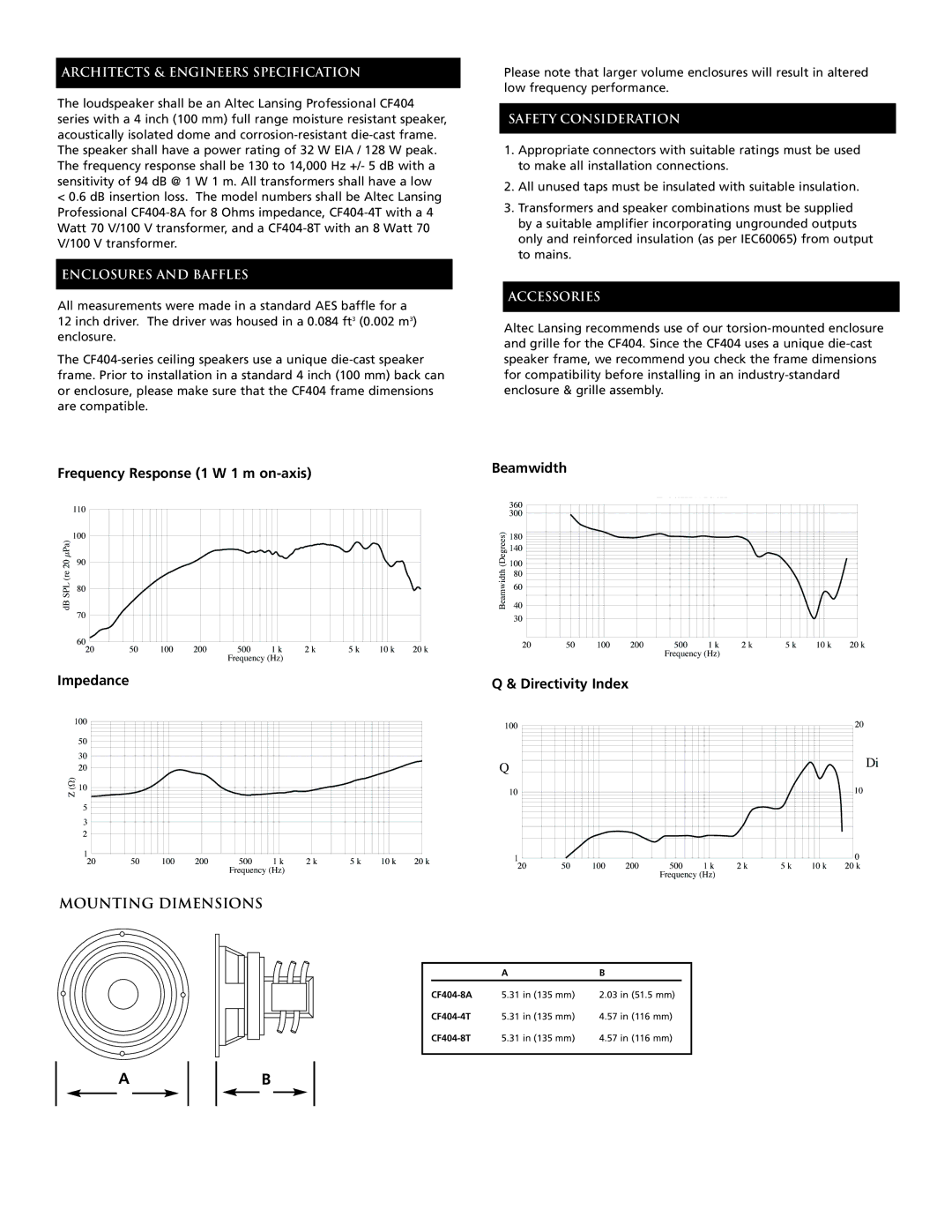 Altec Lansing CF404-8T, CF404-4T, CF404-8A dimensions Mounting Dimensions, Architects & Engineers Specification 