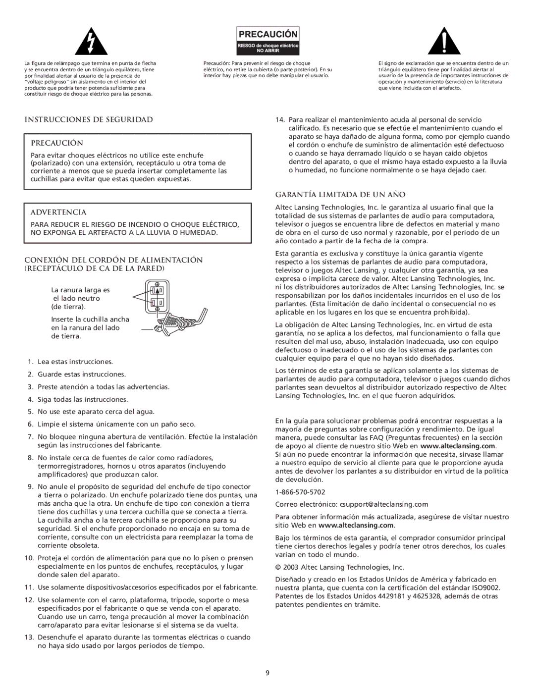 Altec Lansing CS21 manual Instrucciones DE Seguridad Precaución, Advertencia, Garantía Limitada DE UN AÑO 