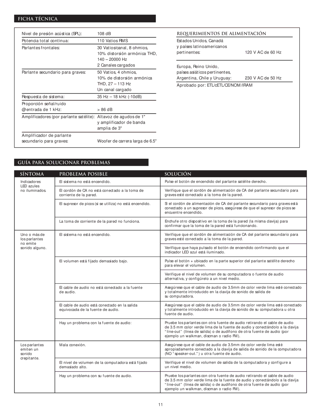 Altec Lansing CS21 manual Ficha Técnica, Requerimientos DE Alimentación 