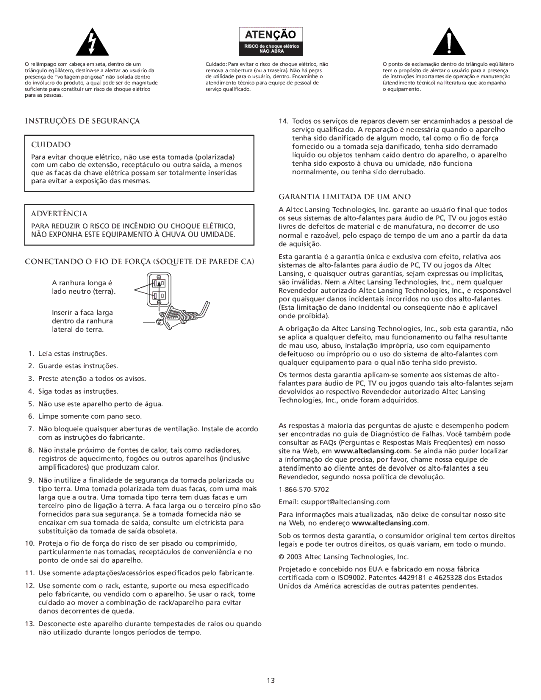 Altec Lansing CS21 manual Instruções DE Segurança Cuidado, Advertência, Conectando O FIO DE Força Soquete DE Parede CA 