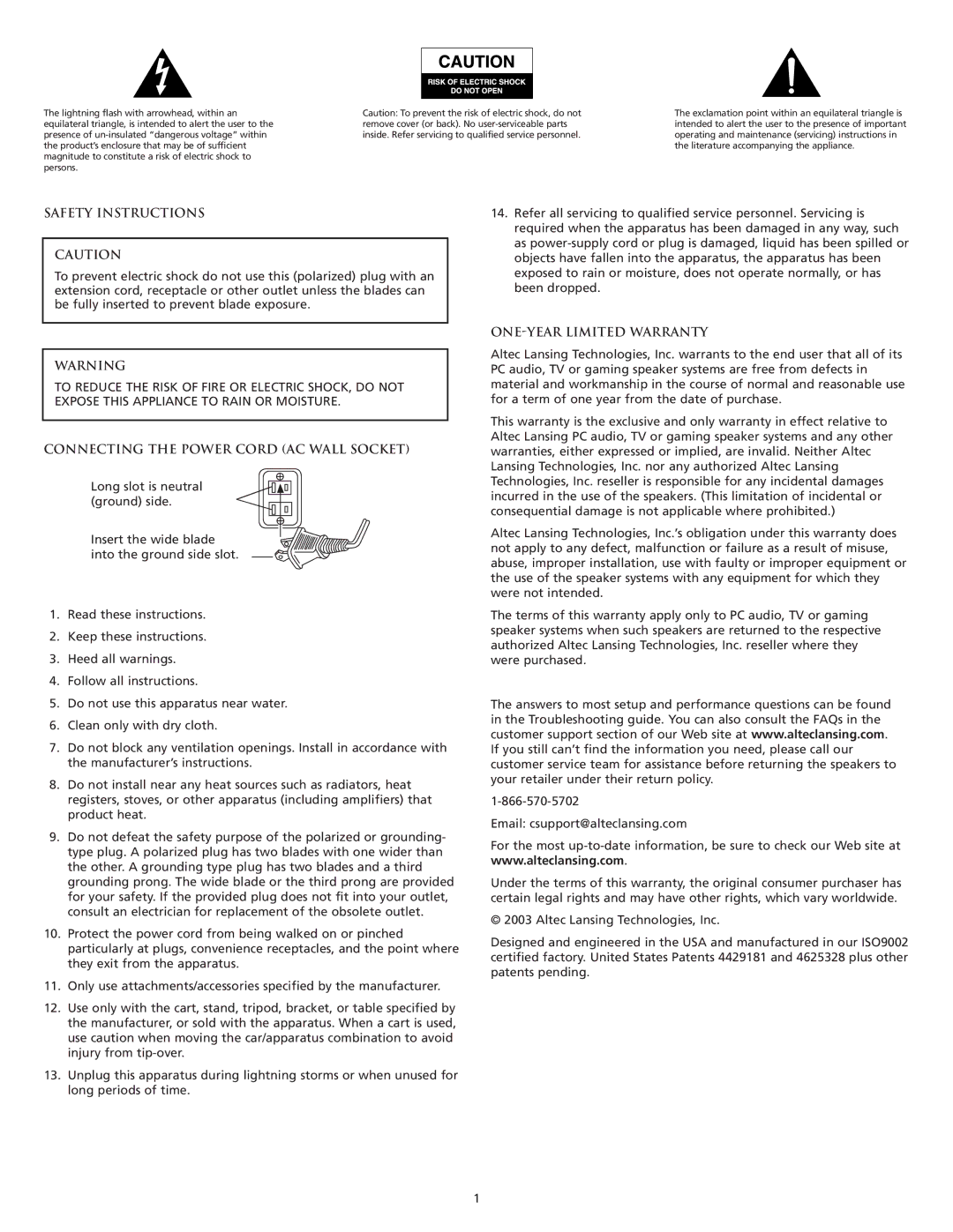 Altec Lansing CS21 manual Safety Instructions, Connecting the Power Cord AC Wall Socket, ONE-YEAR Limited Warranty 