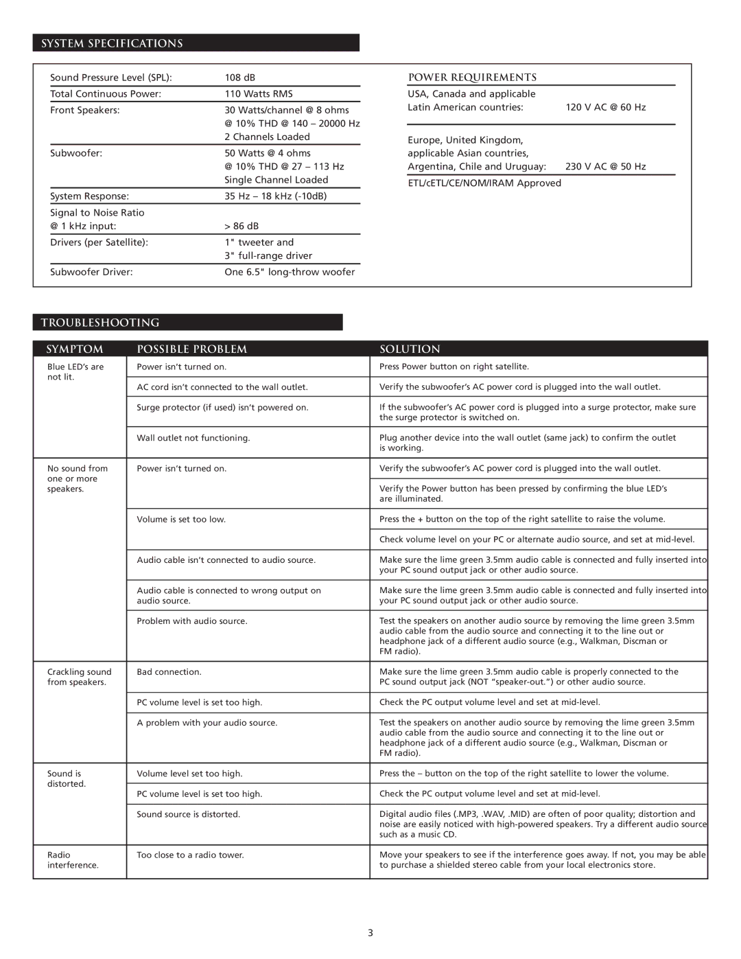 Altec Lansing CS21 manual System Specifications, Power Requirements, Troubleshooting Symptom Possible Problem Solution 