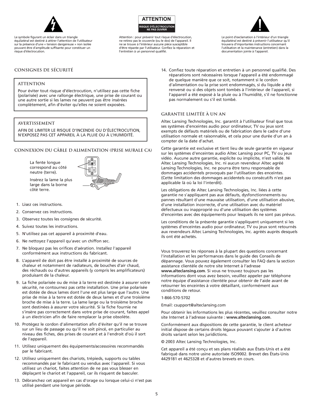 Altec Lansing CS21 manual Consignes DE Sécurité, Avertissement, Connexion DU Câble D Alimentation Prise Murale CA 