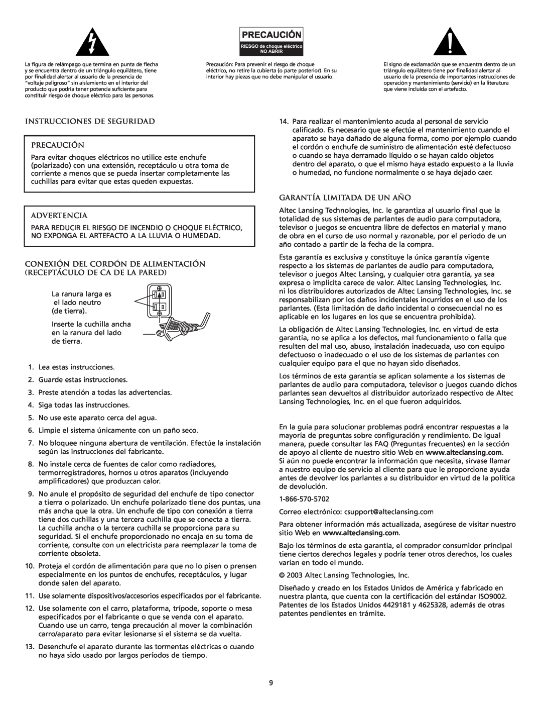 Altec Lansing CS21 manual Instrucciones De Seguridad Precaución, Advertencia, Garantía Limitada De Un Año 