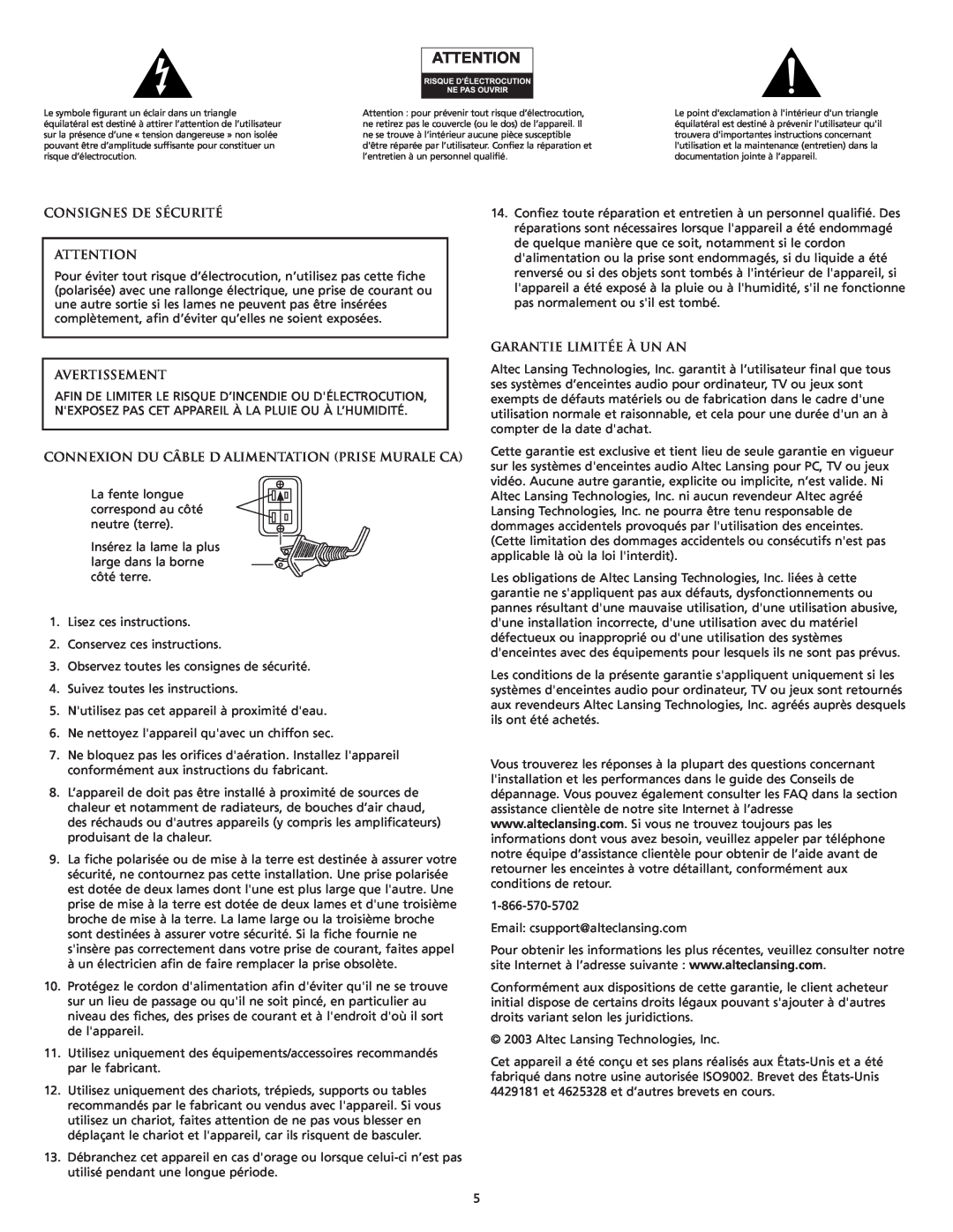 Altec Lansing CS21 manual Consignes De Sécurité, Avertissement, Connexion Du Câble D Alimentation Prise Murale Ca 