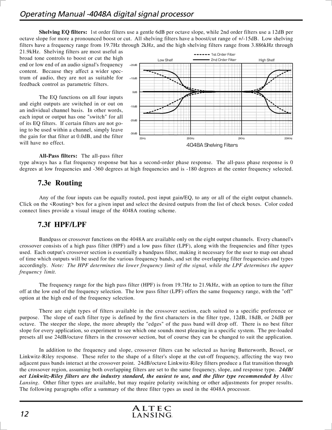Altec Lansing digital signal processor, 4948A manual 3e Routing, 3f HPF/LPF 