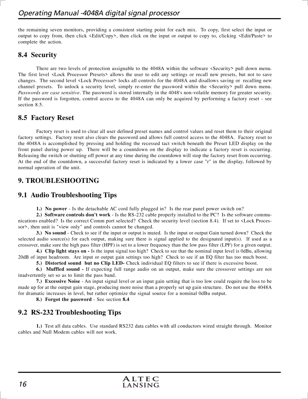 Altec Lansing digital signal processor, 4948A manual Security, Factory Reset, Audio Troubleshooting Tips 
