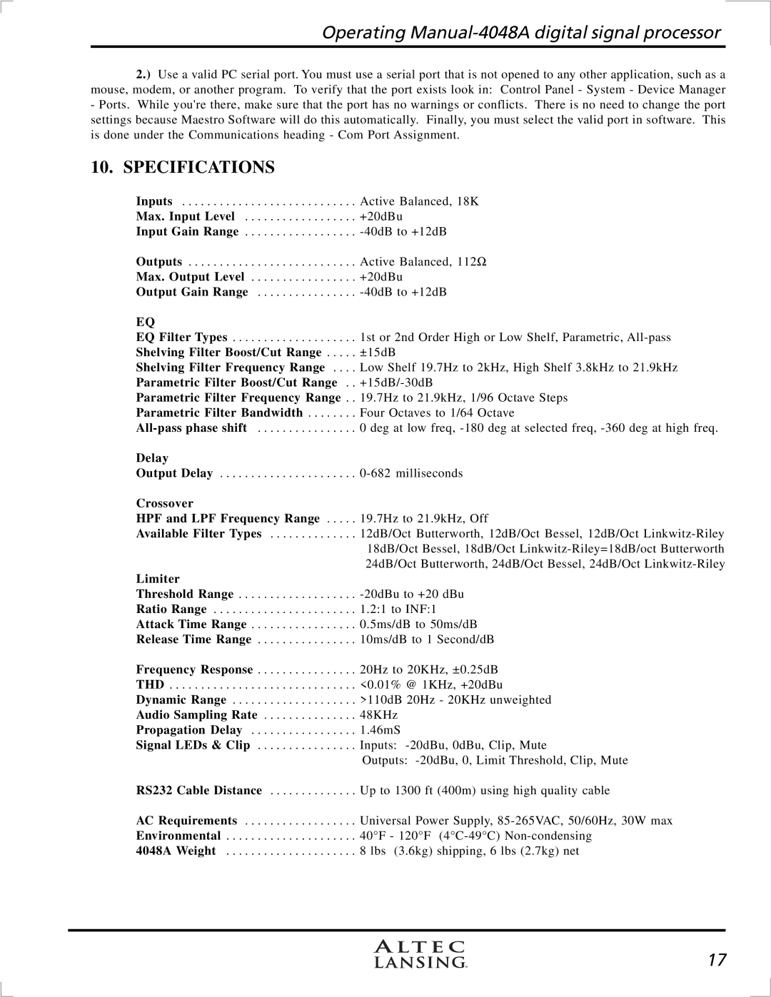 Altec Lansing 4948A, digital signal processor manual Specifications, Shelving Filter Boost/Cut Range 