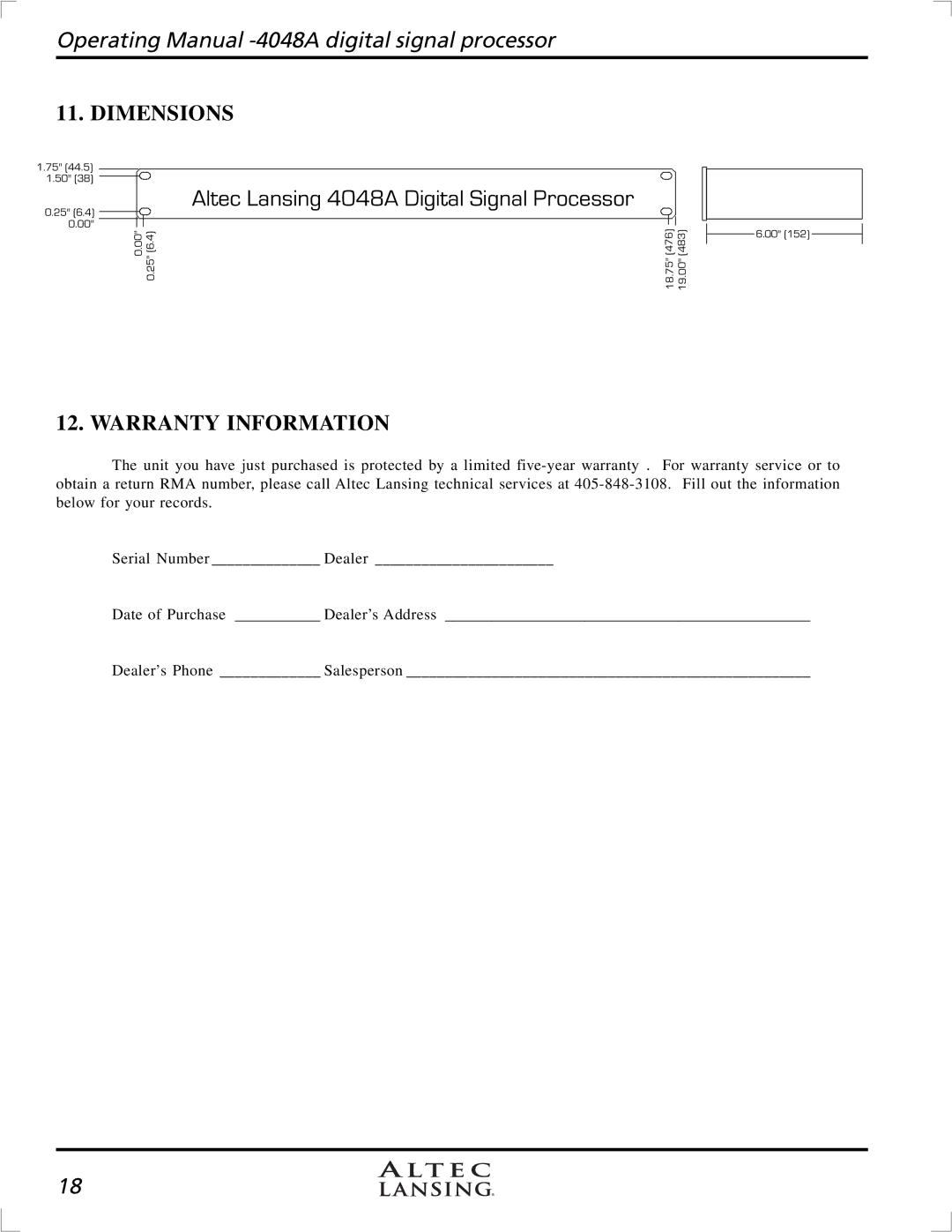 Altec Lansing digital signal processor, 4948A manual Dimensions, Warranty Information 