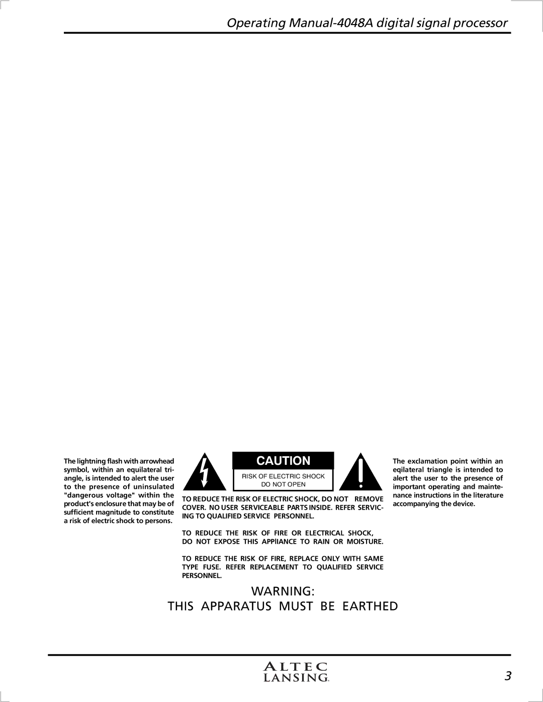 Altec Lansing 4948A manual Operating Manual-4048A digital signal processor 