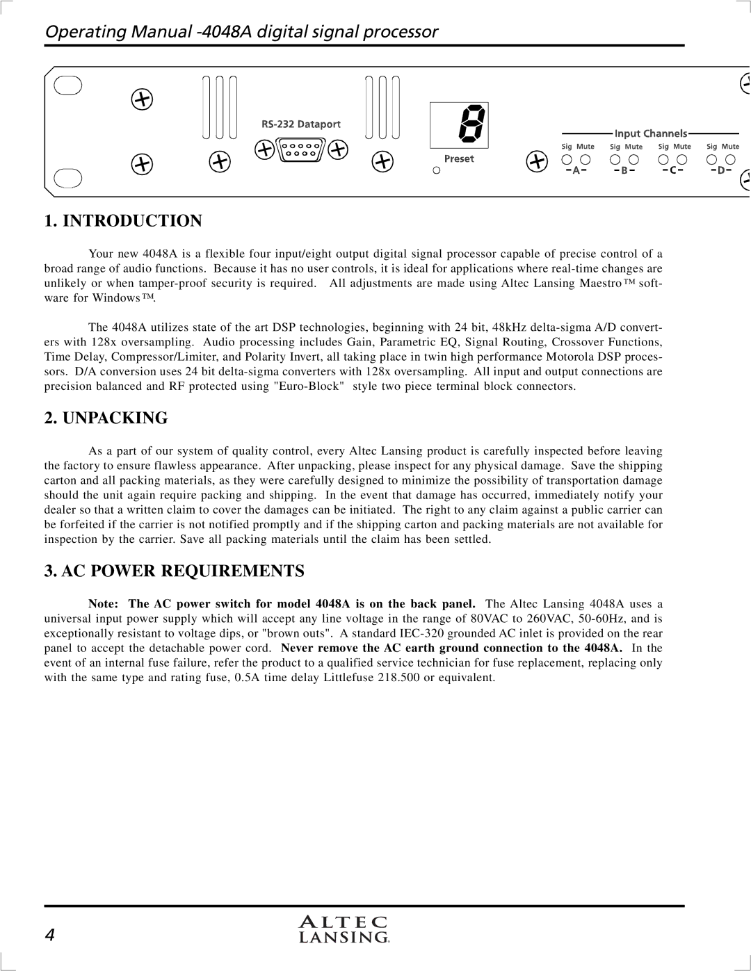 Altec Lansing digital signal processor, 4948A manual Introduction, Unpacking, AC Power Requirements 