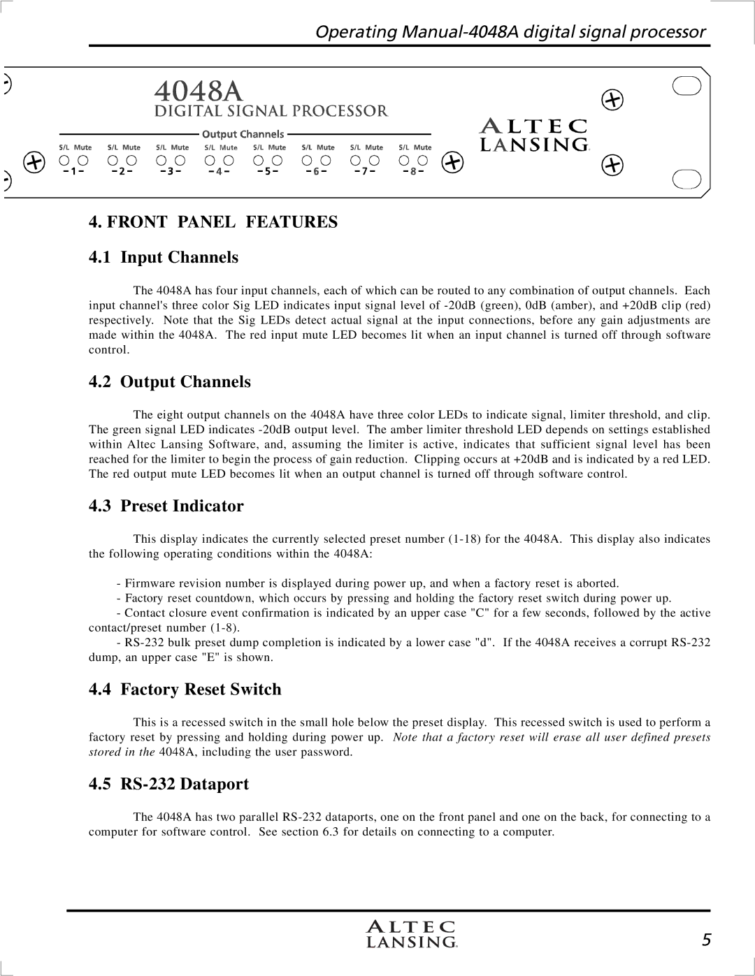 Altec Lansing 4948A manual Front Panel Features 4.1 Input Channels, Output Channels, Preset Indicator, Factory Reset Switch 