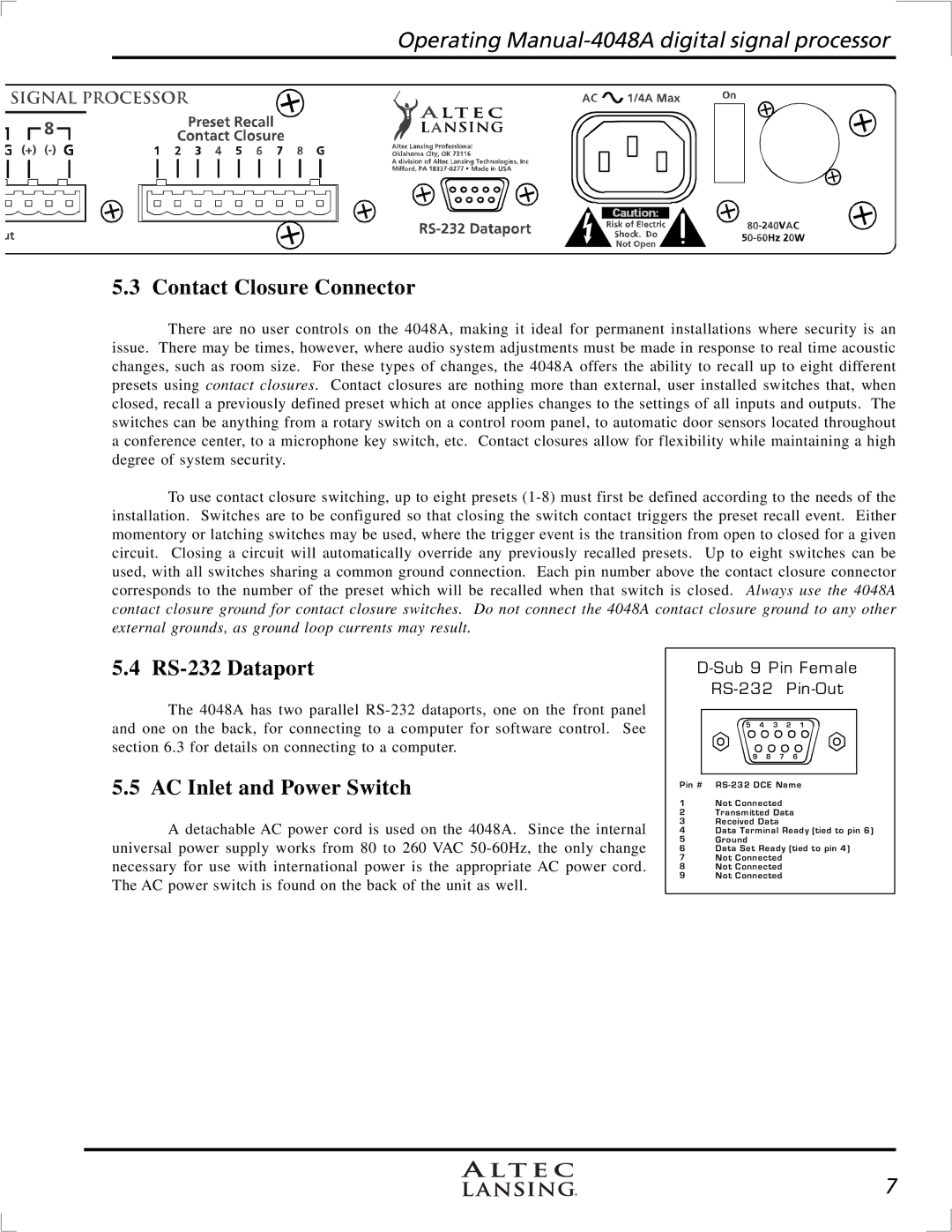 Altec Lansing 4948A, digital signal processor manual Contact Closure Connector, AC Inlet and Power Switch 