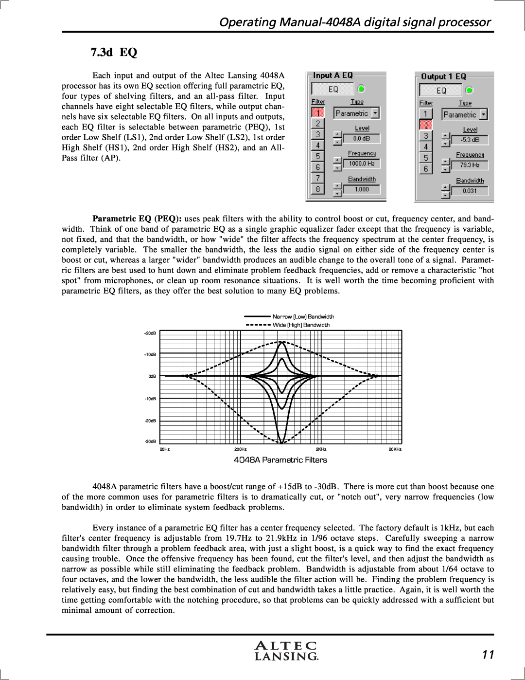 Altec Lansing 4948A manual 7.3d EQ, Operating Manual-4048A digital signal processor, 4048A Parametric Filters 