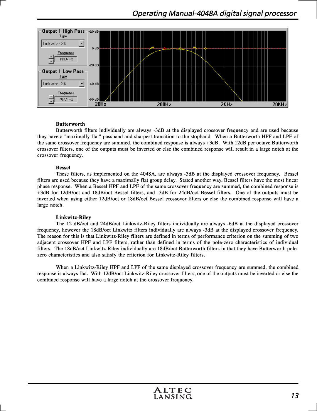 Altec Lansing 4948A manual Operating Manual-4048A digital signal processor, Butterworth, Bessel, Linkwitz-Riley 