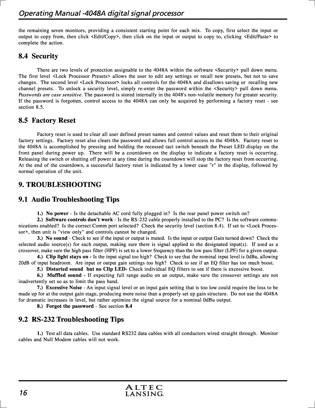 Altec Lansing digital signal processor, 4948A manual Security, Factory Reset, TROUBLESHOOTING 9.1 Audio Troubleshooting Tips 