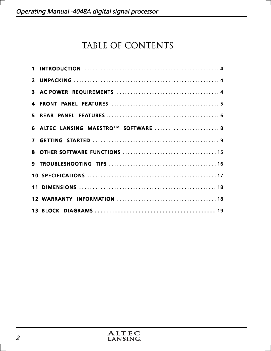 Altec Lansing 4948A manual Operating Manual -4048A digital signal processor, Table Of Contents 