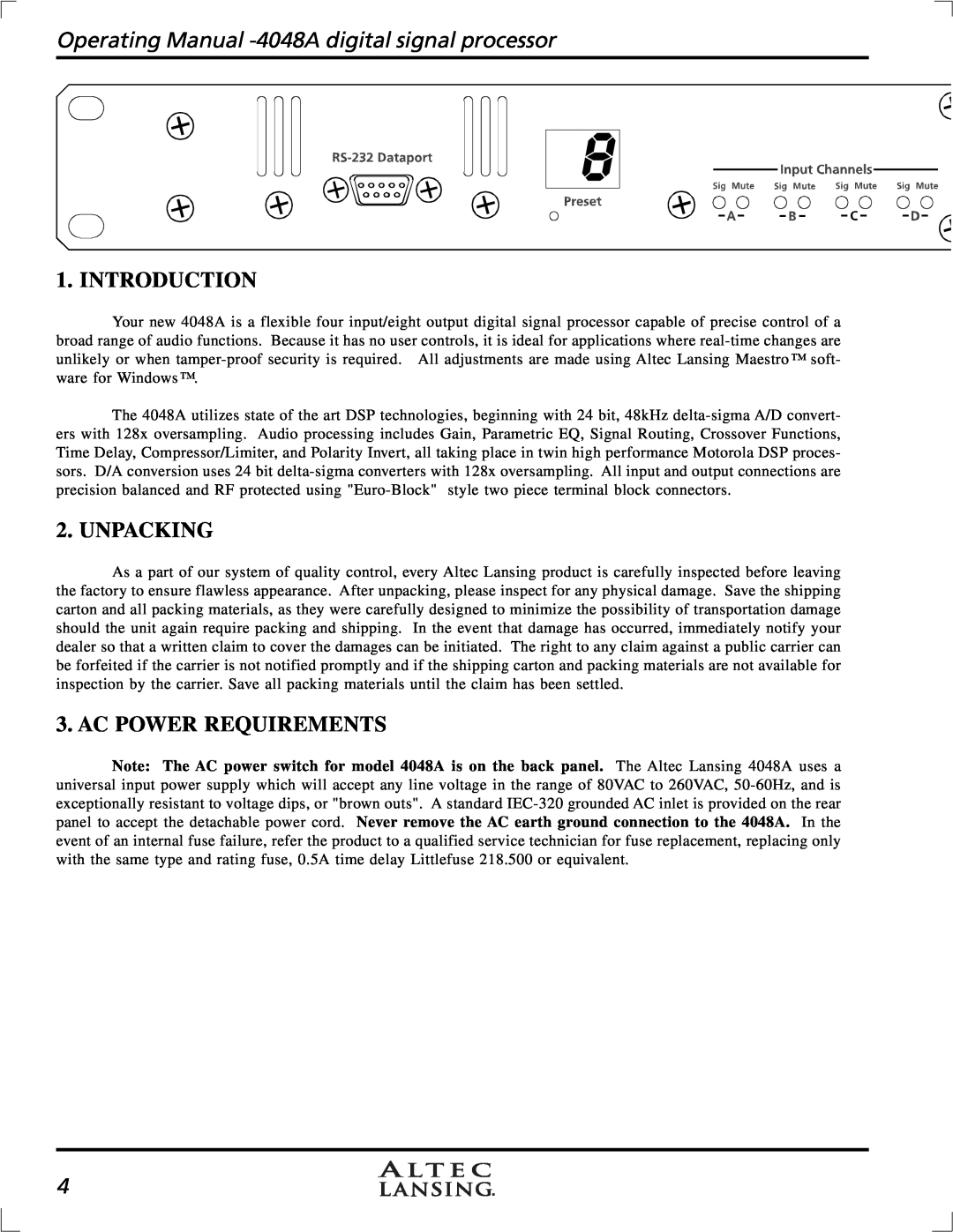 Altec Lansing digital signal processor, 4948A manual Introduction, Unpacking, Ac Power Requirements 