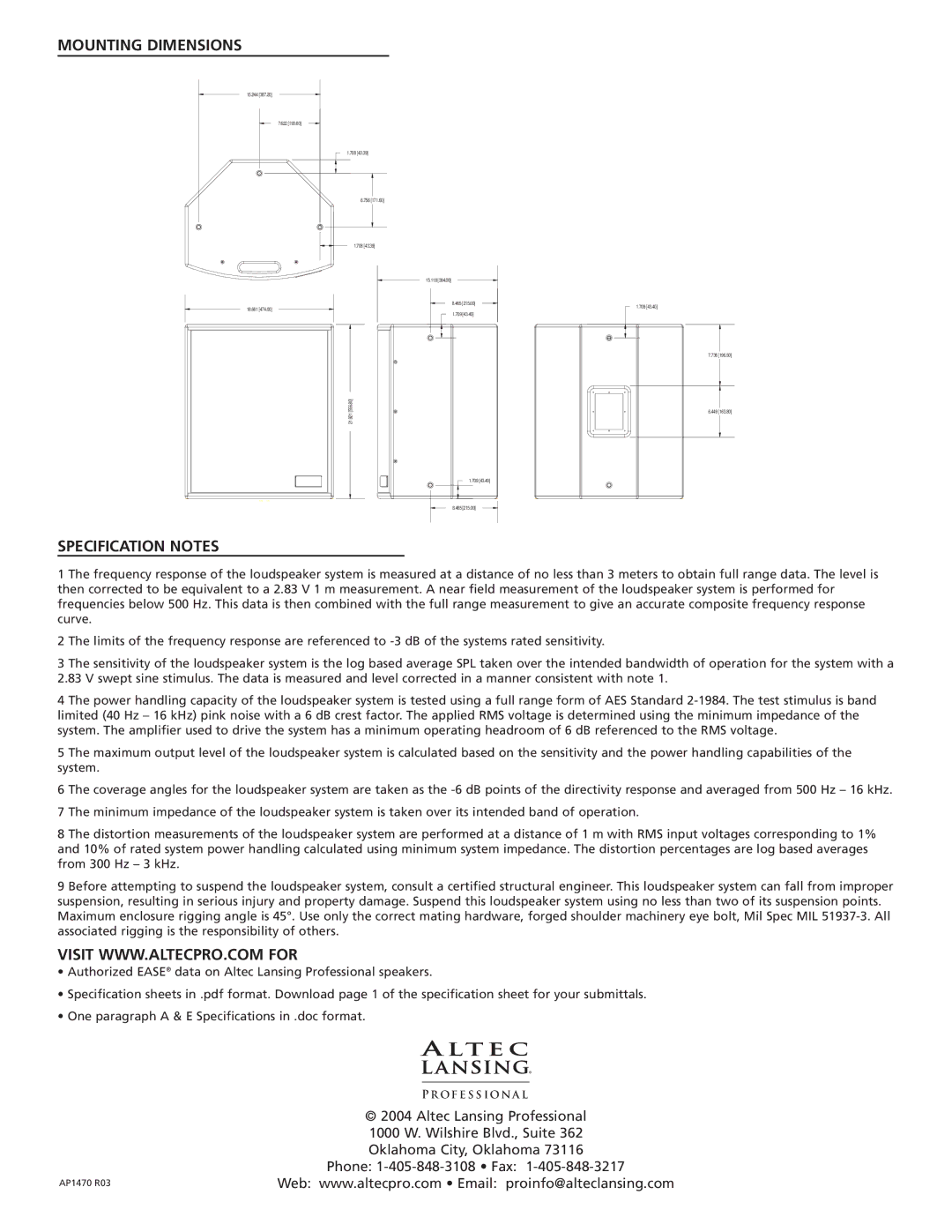 Altec Lansing DX1012-8A dimensions Mounting Dimensions, Specification Notes 