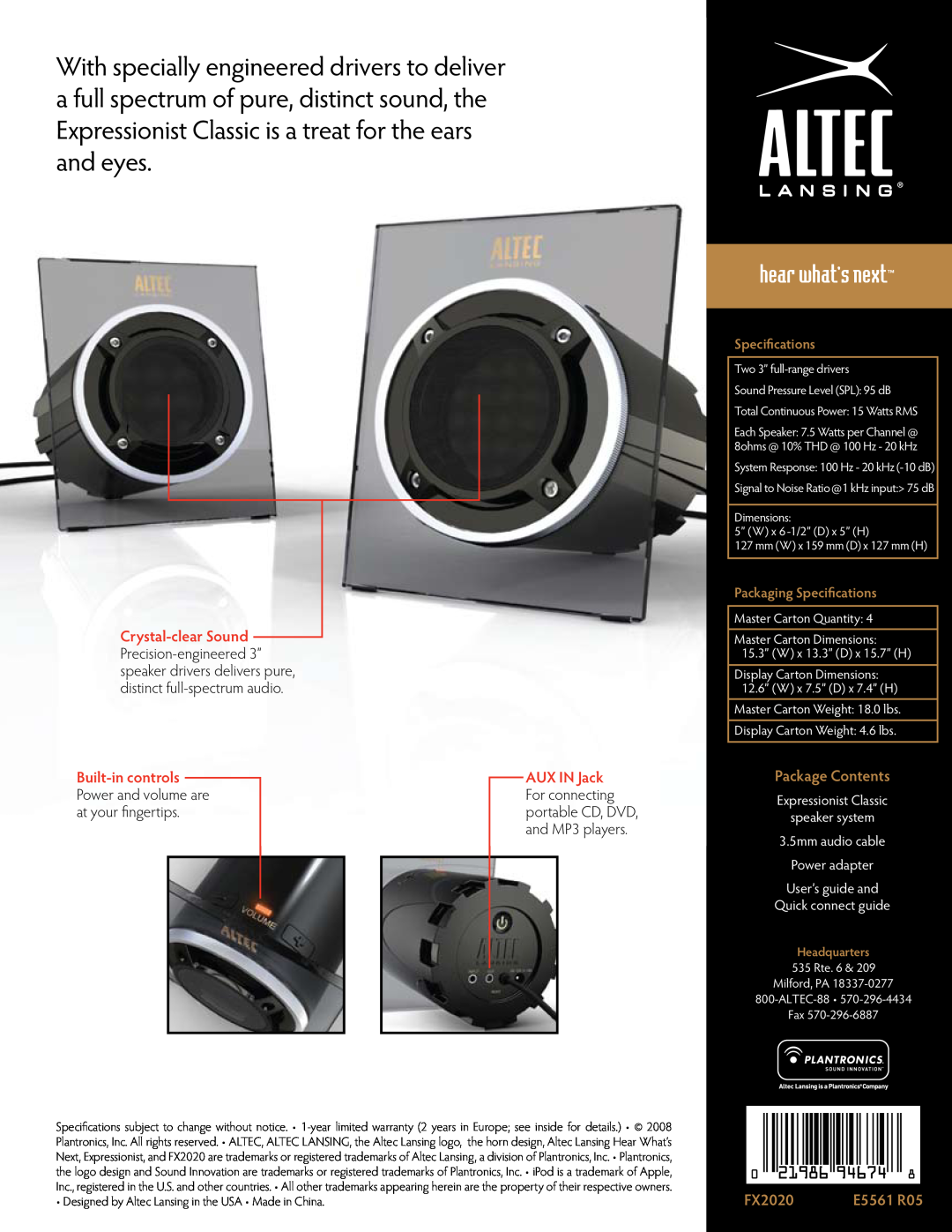 Altec Lansing FX2020 manual Crystal-clearSound, Package Contents, Packaging Specifications, Quick connect guide 