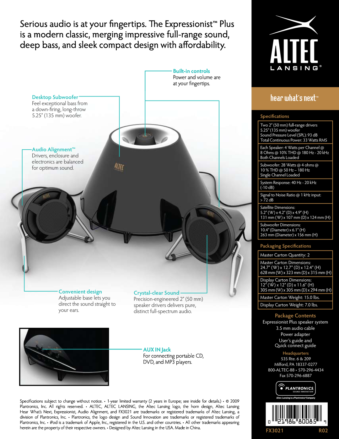 Altec Lansing manual 021986, AUX IN Jack, For connecting portable CD DVD, and MP3 players, Package Contents, FX3021R02 