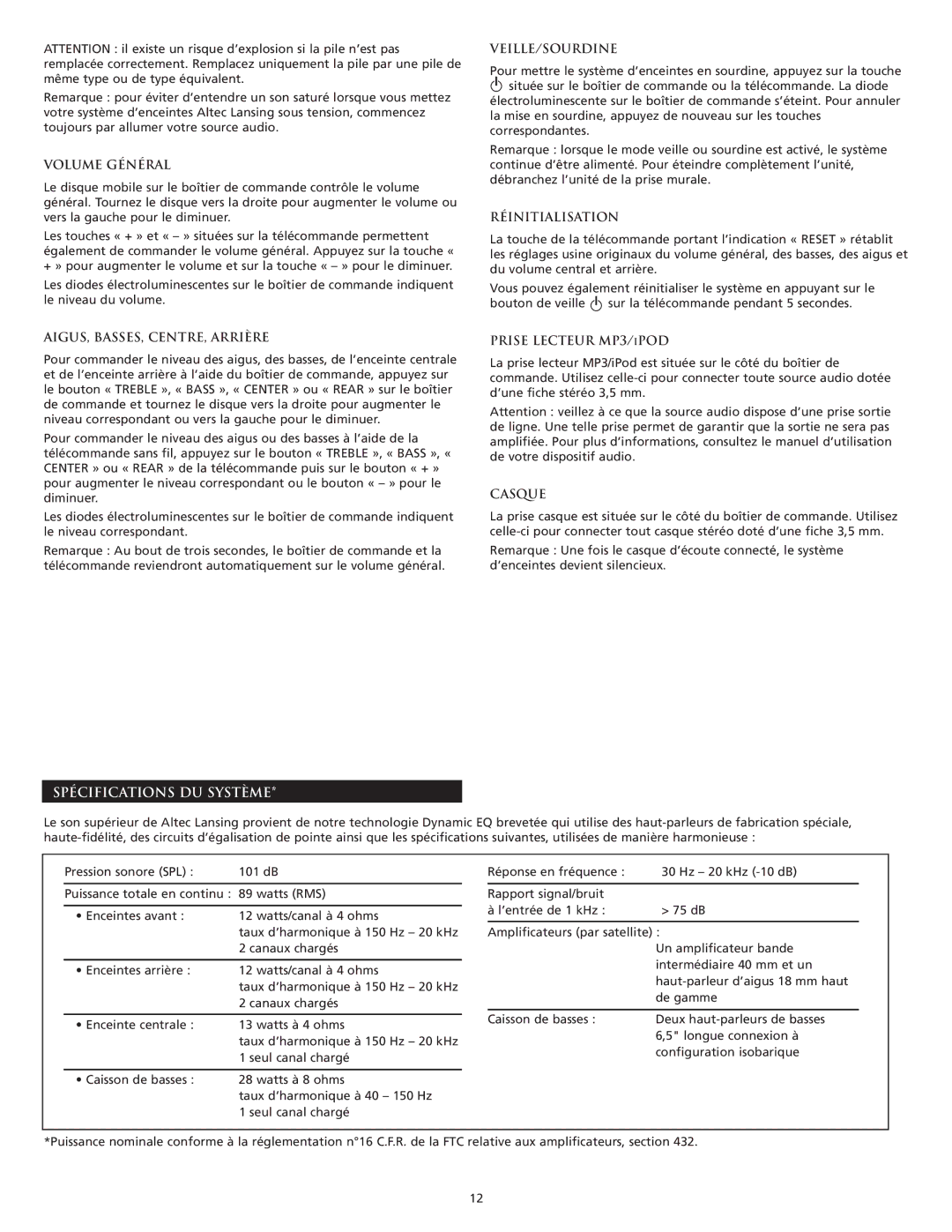 Altec Lansing FX5051 manual Spécifications DU Système 