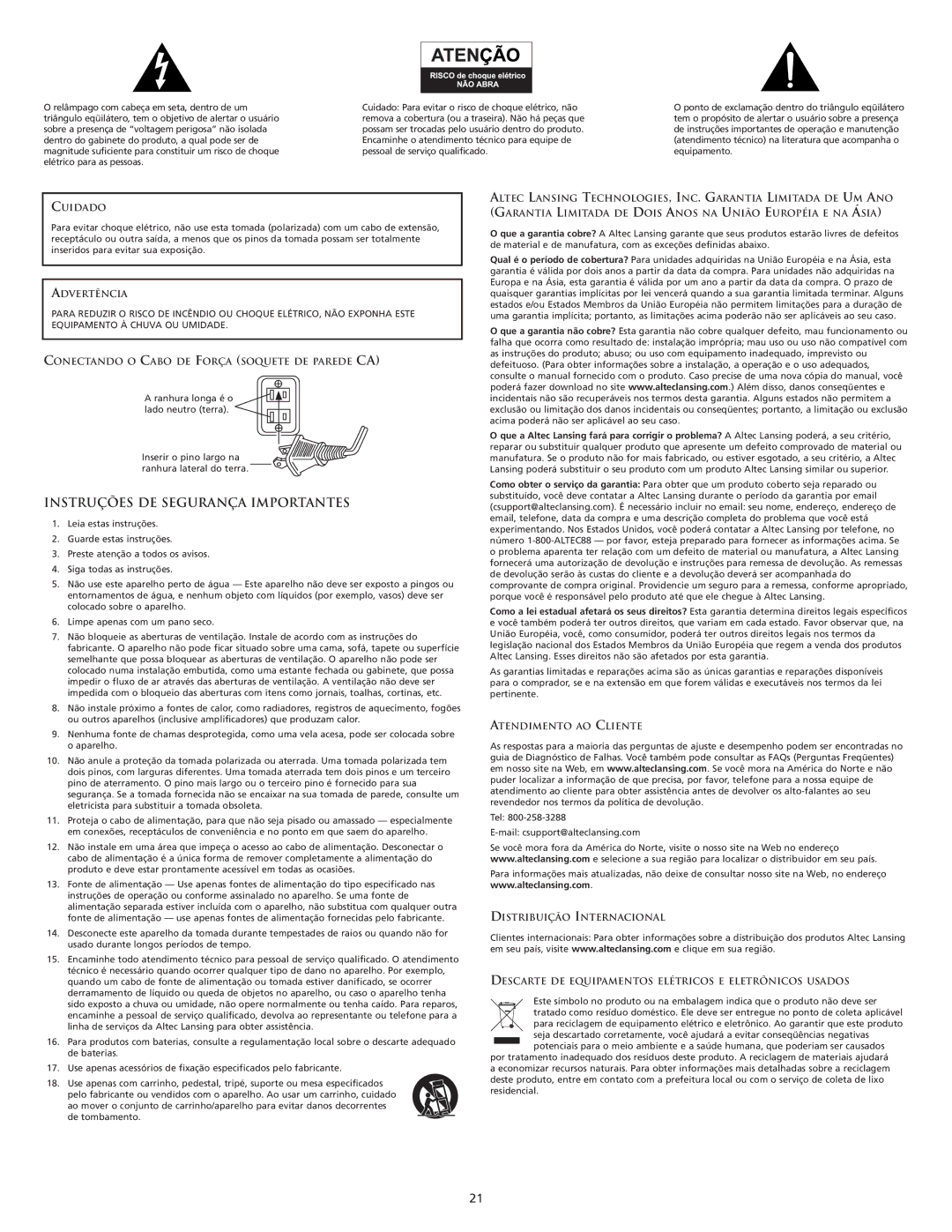 Altec Lansing FX5051 manual Instruções DE Segurança Importantes, Cuidado 