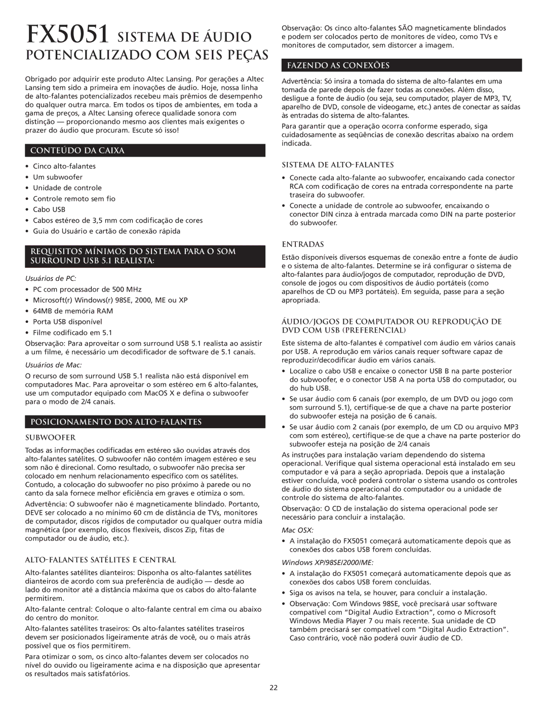 Altec Lansing FX5051 manual Conteúdo DA Caixa, Posicionamento DOS ALTO-FALANTES, ALTO-FALANTES Satélites E Central 