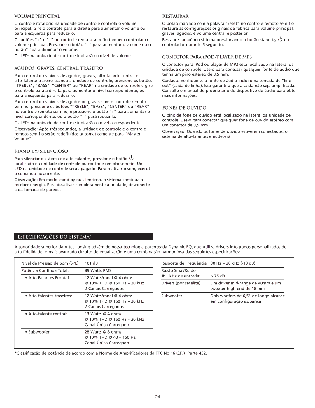 Altec Lansing FX5051 manual Especificações do Sistema 