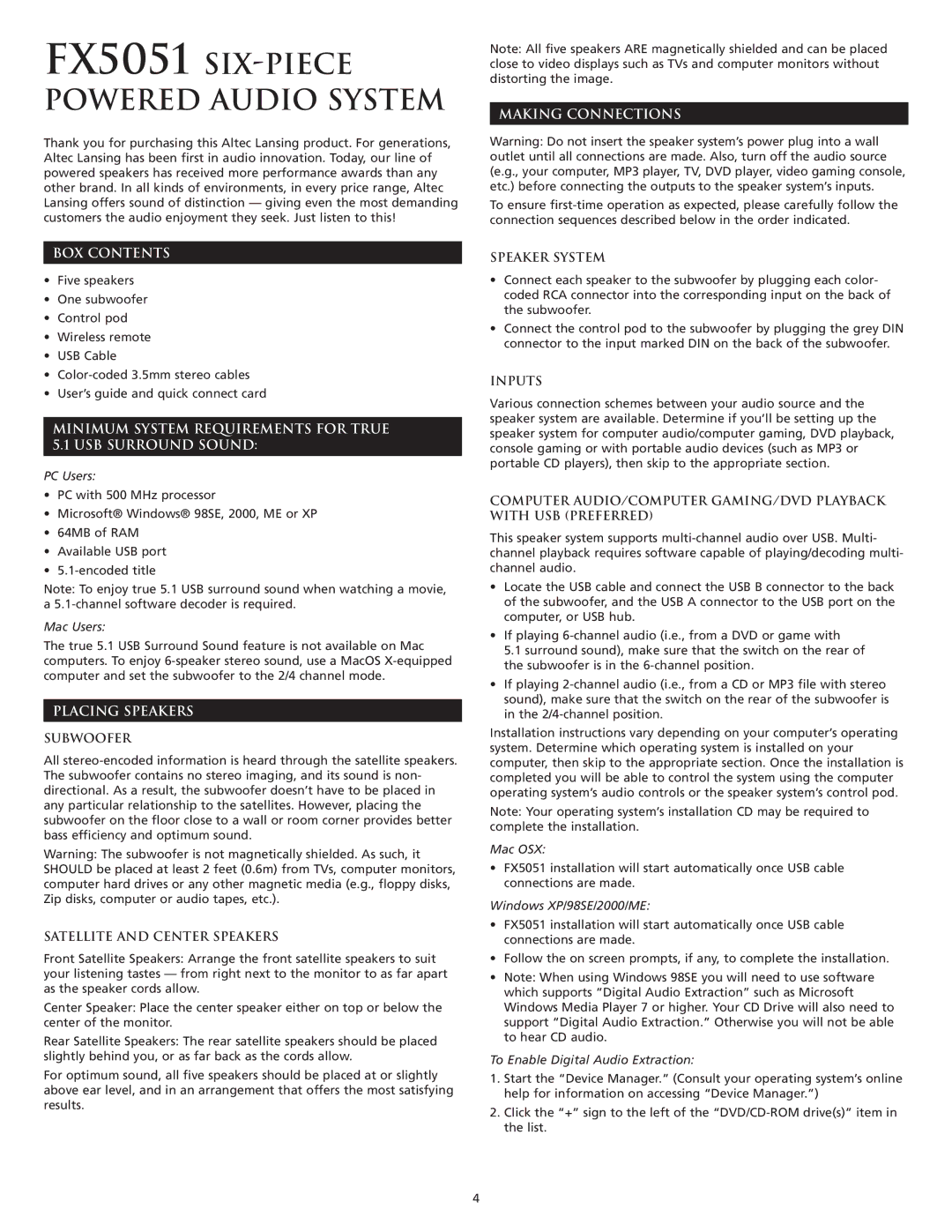 Altec Lansing FX5051 manual BOX Contents, Minimum System Requirements for True USB Surround Sound, Placing Speakers 